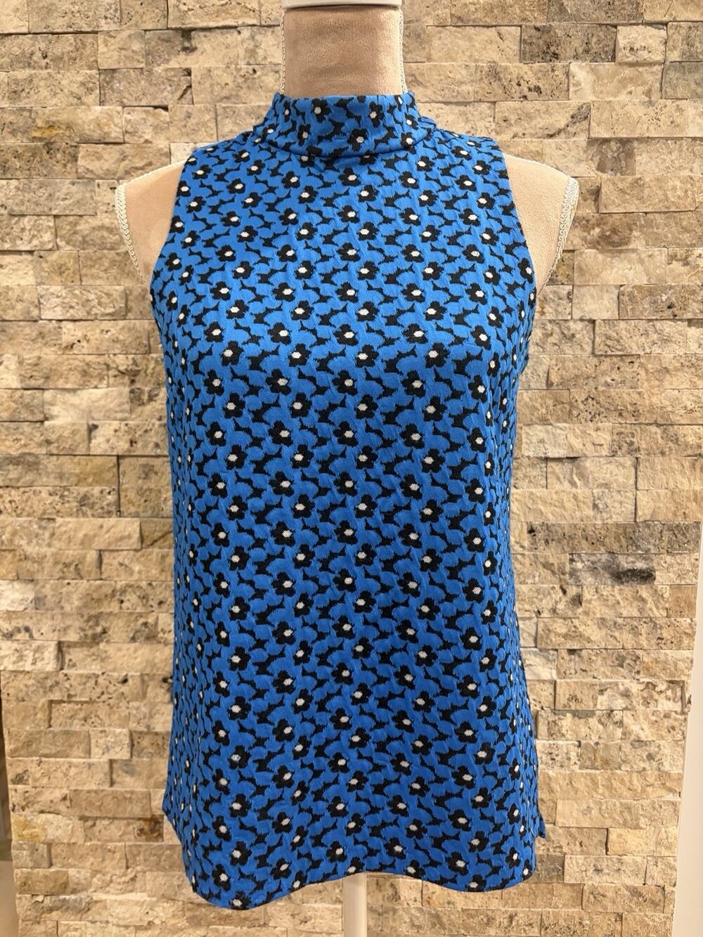 Michael Kors Womens PM Petite Blue Floral Mock Neck Sleeveless Blouse